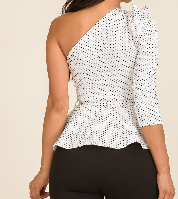 ONE SHOULDER POLKA DOT PRINT 3/4 SLEEVE BELTED PEPLUM FASHION TOP - EvrySeason