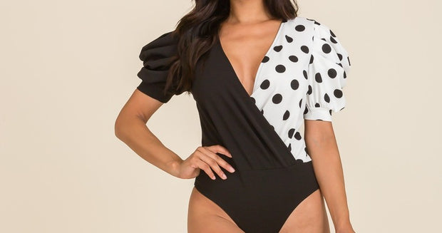 POLKA DOT COMBI PUFF SLEEVE WRAP FRONT BODYSUIT - EvrySeason